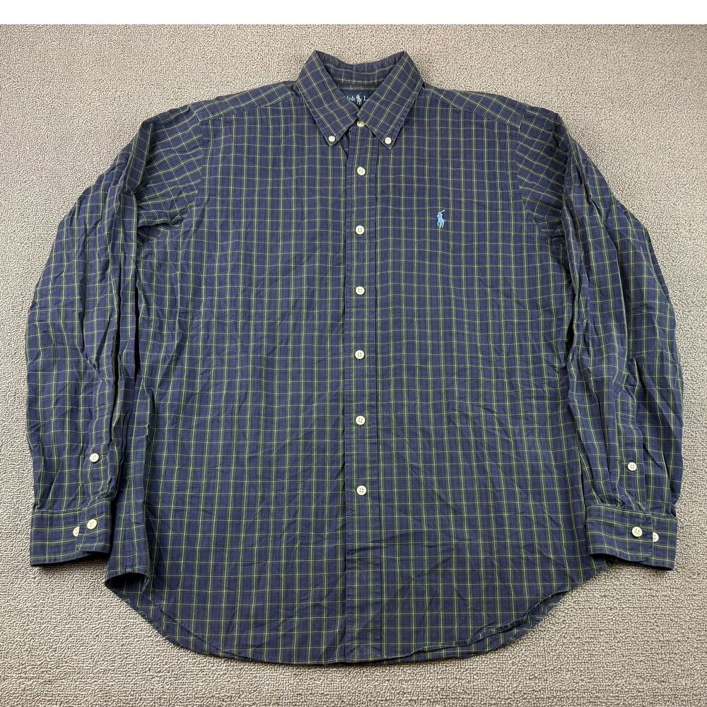 Ralph Lauren Vintage Button Down Shirt Men M 15.5 34/35 Blue Green Plaid HK